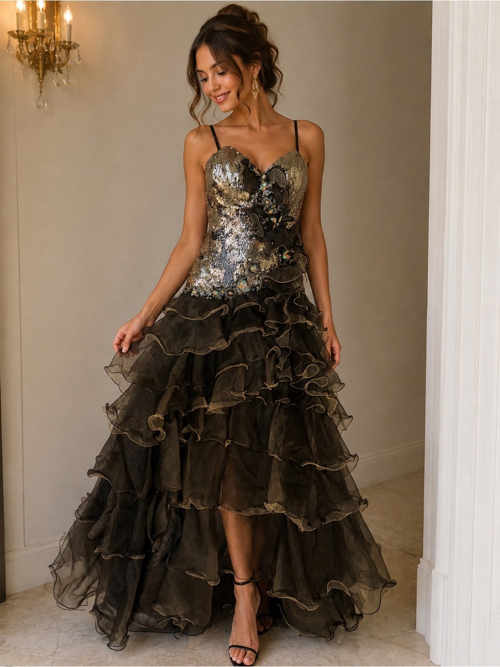 Tony Bowls Gold Sequin Bodice with Black Ruffled Tulle Gown